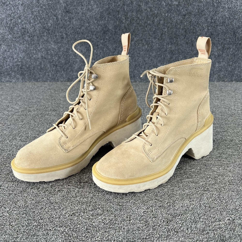 Sorel Boots Womens 7.5 Beige Suede Hi Line Heel Lace Platform Ankle Lug‎ Sole